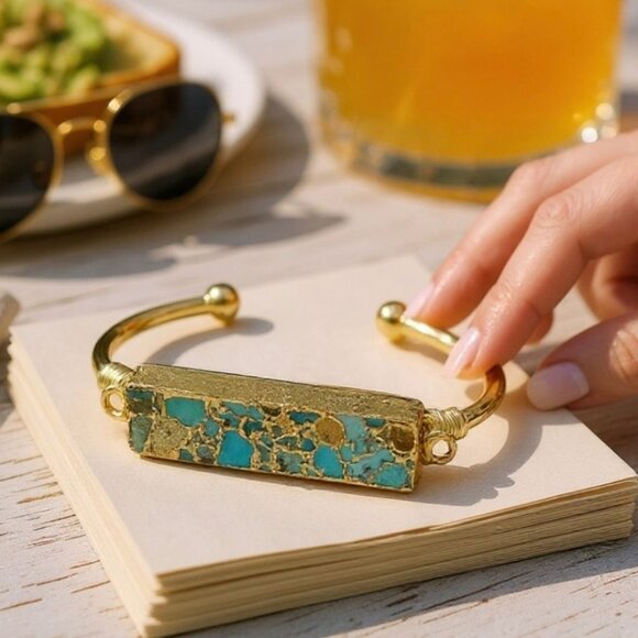 Turquoise Bar Wire Wrap Cuff w/ 14Kt Gold Over Copper – Adjustable & Unique - Picture 1 of 9